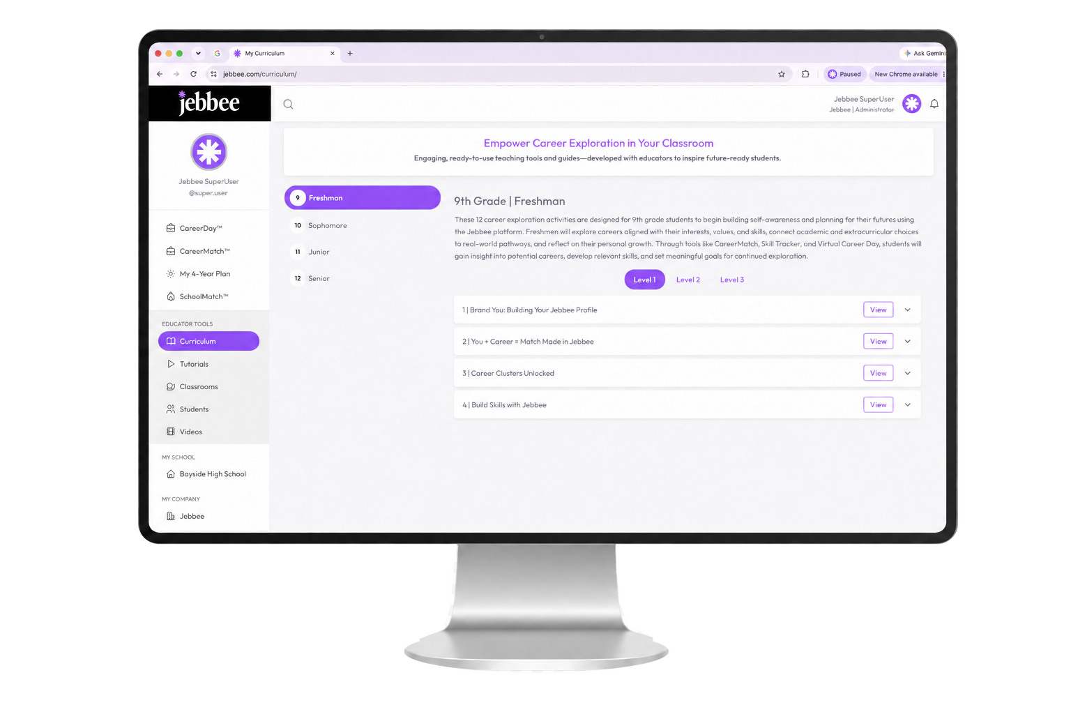 The Jebbee curriculum, with grade-level lessons and integration levels — web version